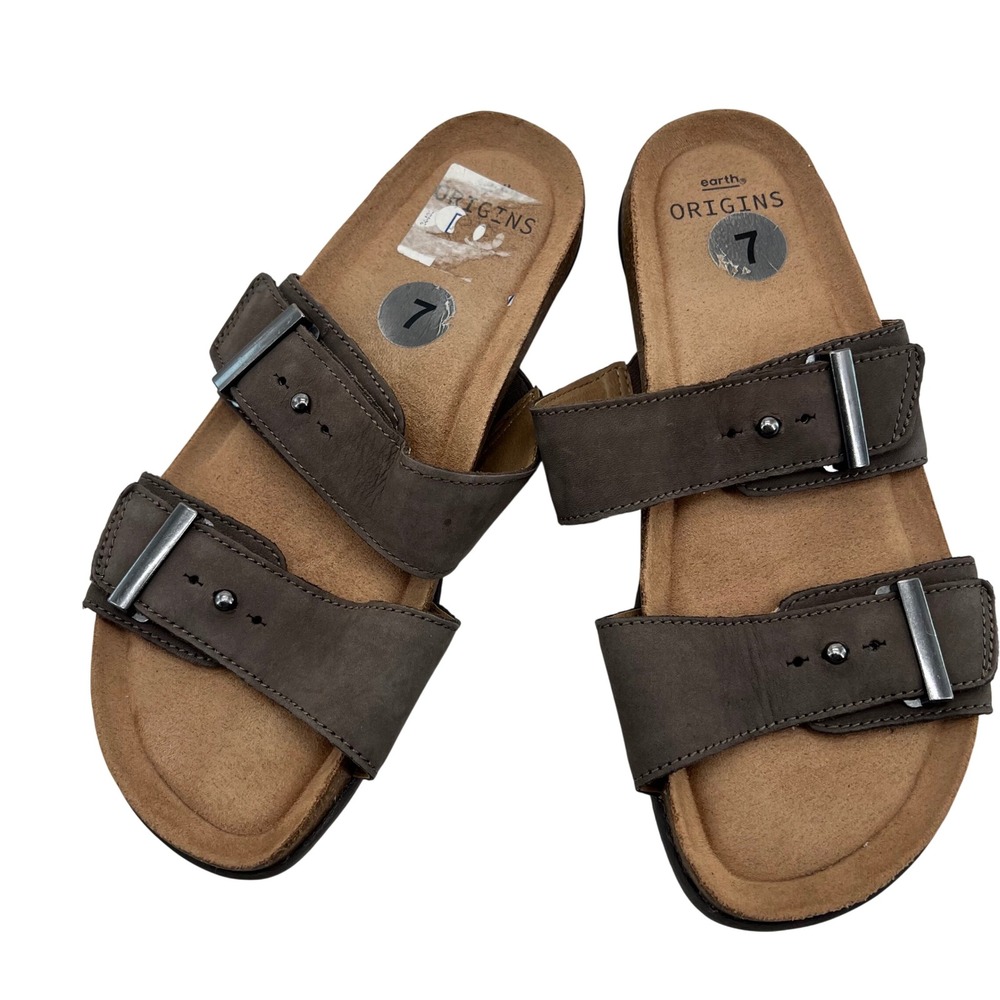 Earth Origins Orra Women 7 Brown Leather Double Strap Slide Sandals Morel 0435